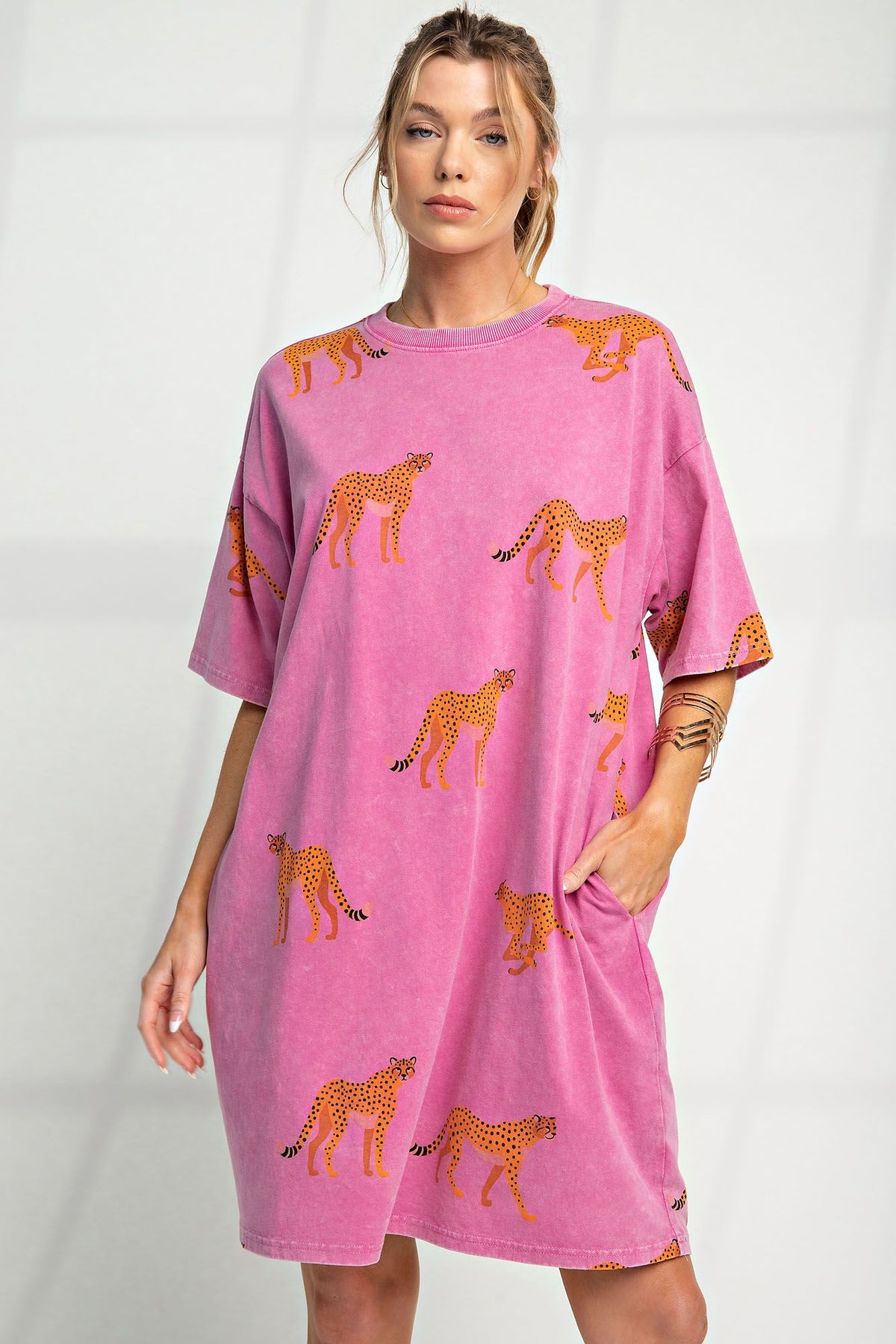Mineral Washed Cheetah Print T-Shirt Dress - Plus