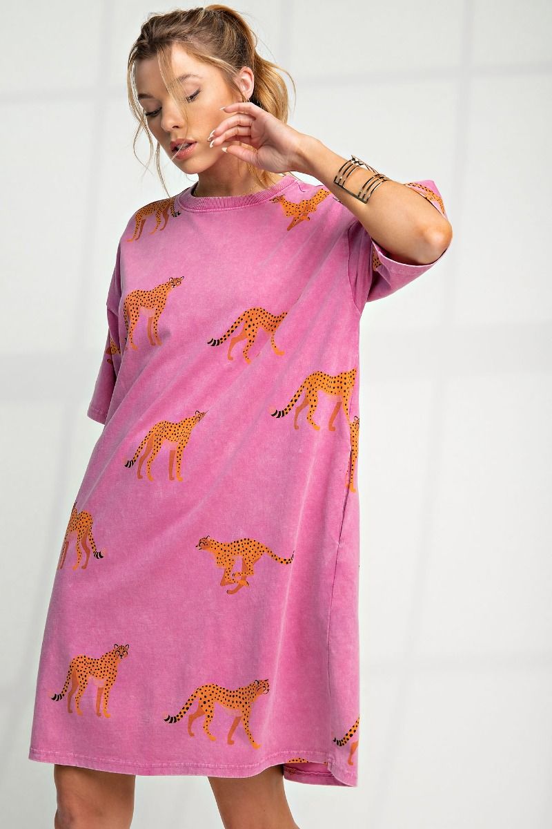 Mineral Washed Cheetah Print T-Shirt Dress - Plus