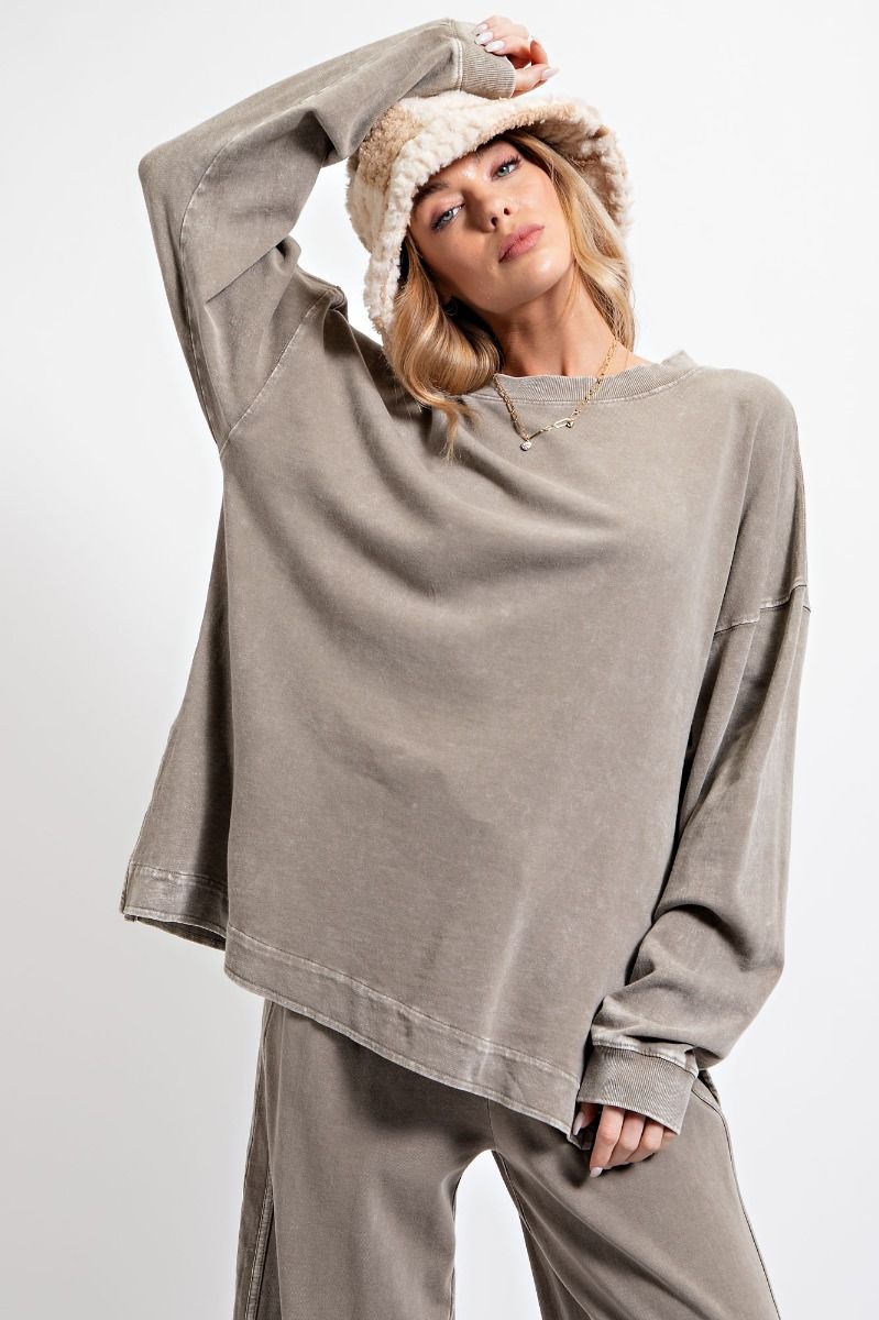 Mineral Washed Terry Knit Pullover Top - Mocha