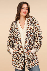 Oversized Faux Fur Tunic Hooded Printed Jacket