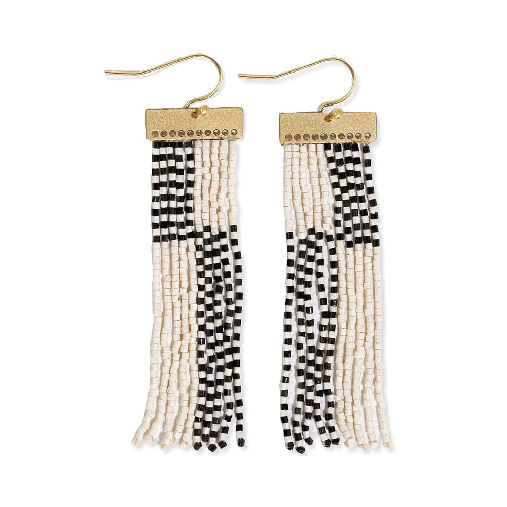 Lana Rectangle Hanger Colorblocks With Stripes Beaded Fringe Earrings Black/White