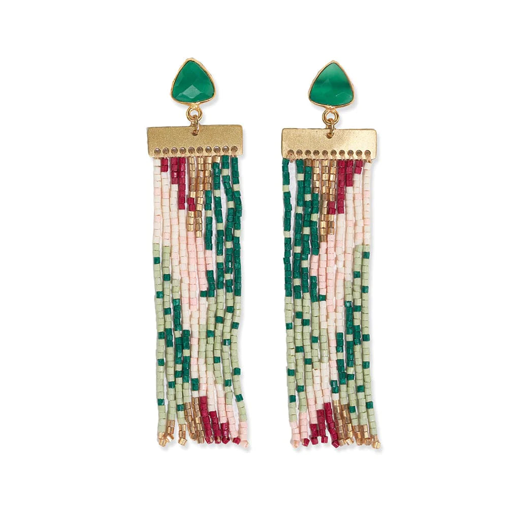 Lilah Semi-Precious Stone Post With Organic Shapes Beaded Fringe Earrings Emerald