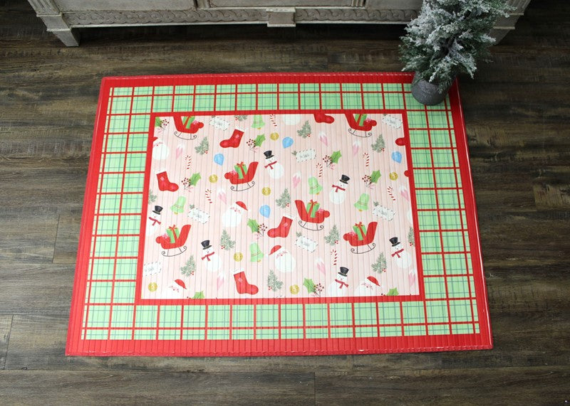 Bamboo Mat -Pink Holiday Pattern with Green Plaid Border