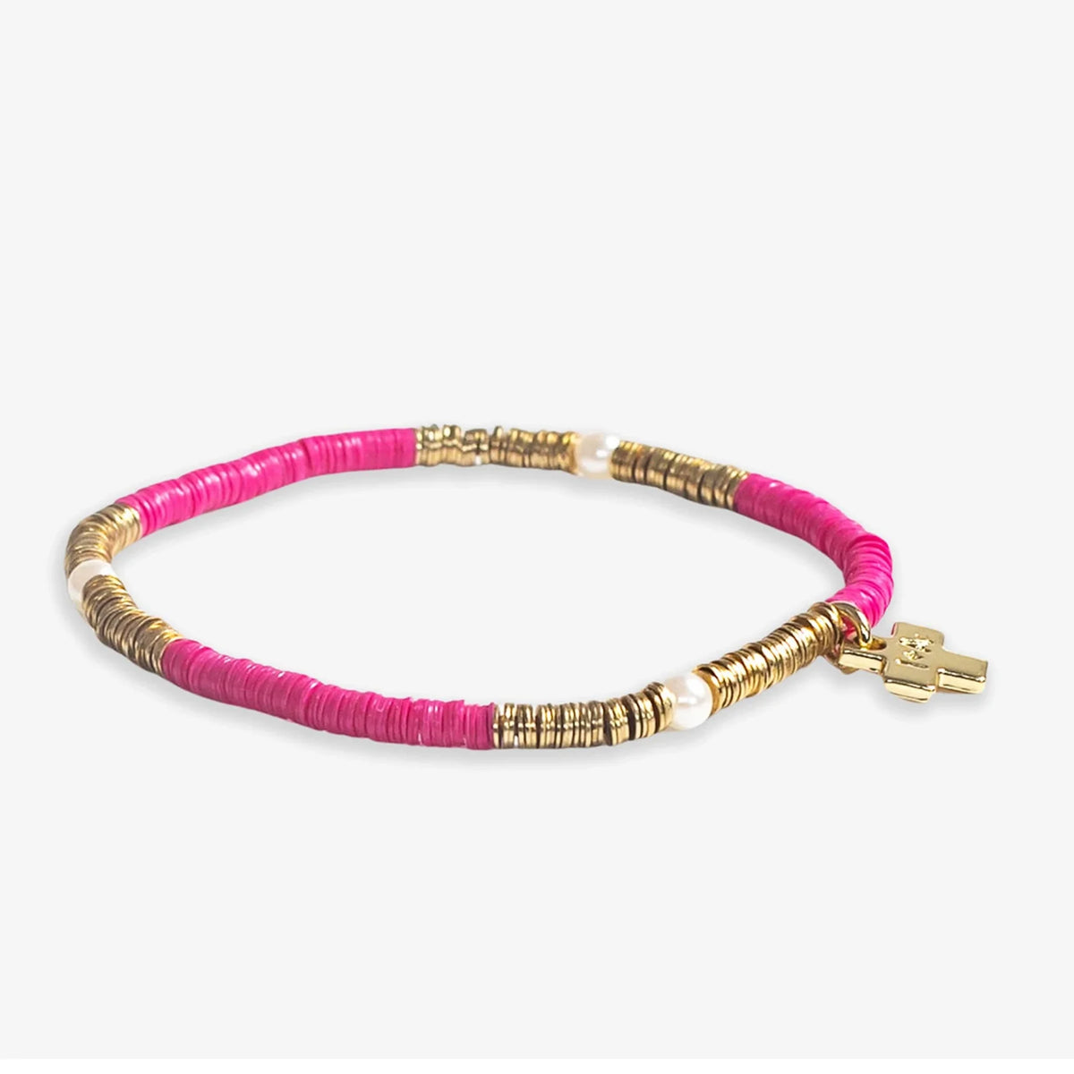 Rory Solid Color with Gold and Pearls Stretch Bracelet - Hot Pink