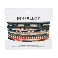 Sage Mixed Stripe Beaded 10 Strand Stretch Bracelet Set Teal + Poppy