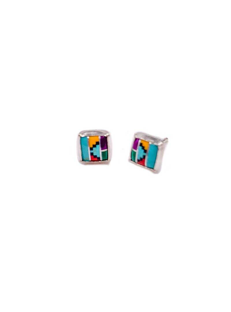 Sterling Silver Small Squares Multi Stone Inlay