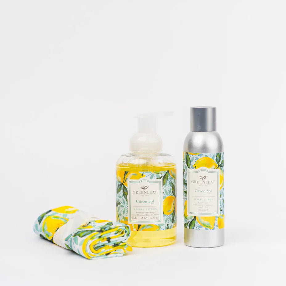 Greenleaf Foaming Hand Soap, Room Spray, and Tea Towel Gift Set - Citron Sol
