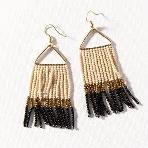 Black Gold Ivory Color Block Fringe on Triangle Earrings