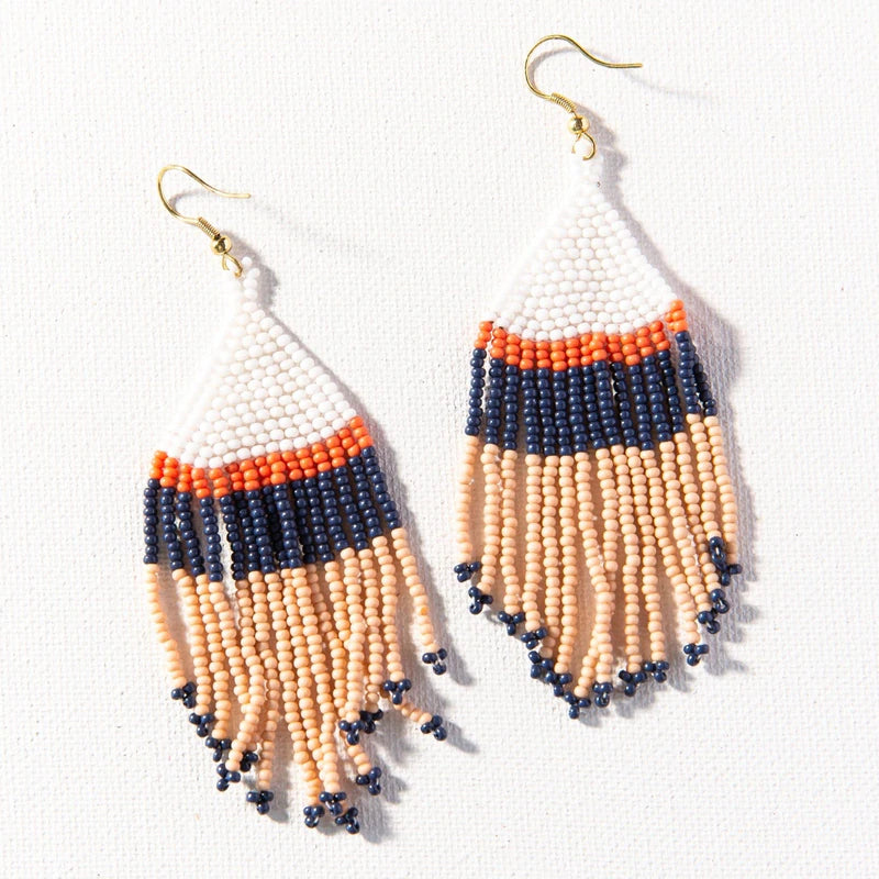 Pink White Navy With Coral Stripe Fringe Earrings