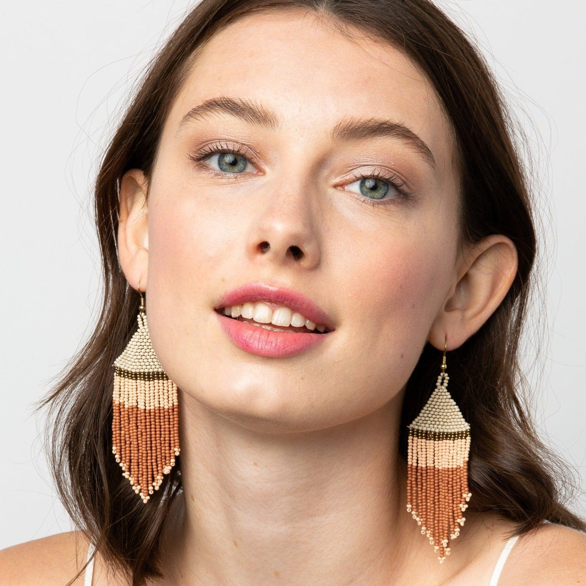 Ivory Gold Pink Rust Stripe Fringe Earrings