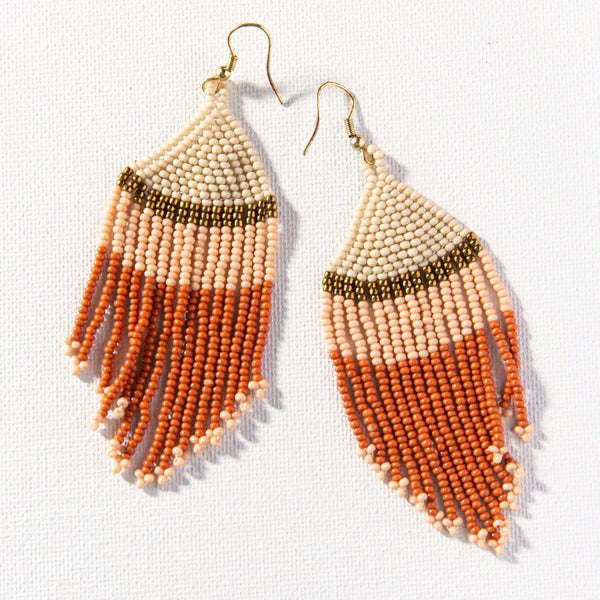 Ivory Gold Pink Rust Stripe Fringe Earrings