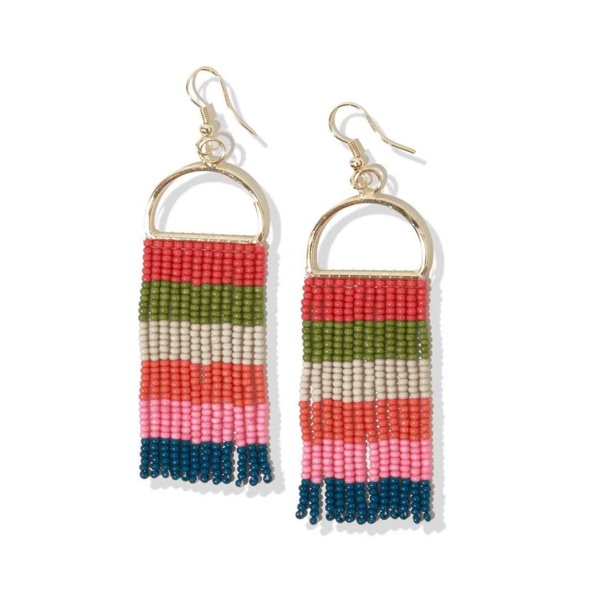 Peacock Pink Coral Horizontal Stripe On Arch Fringe Seed Bead Earrings